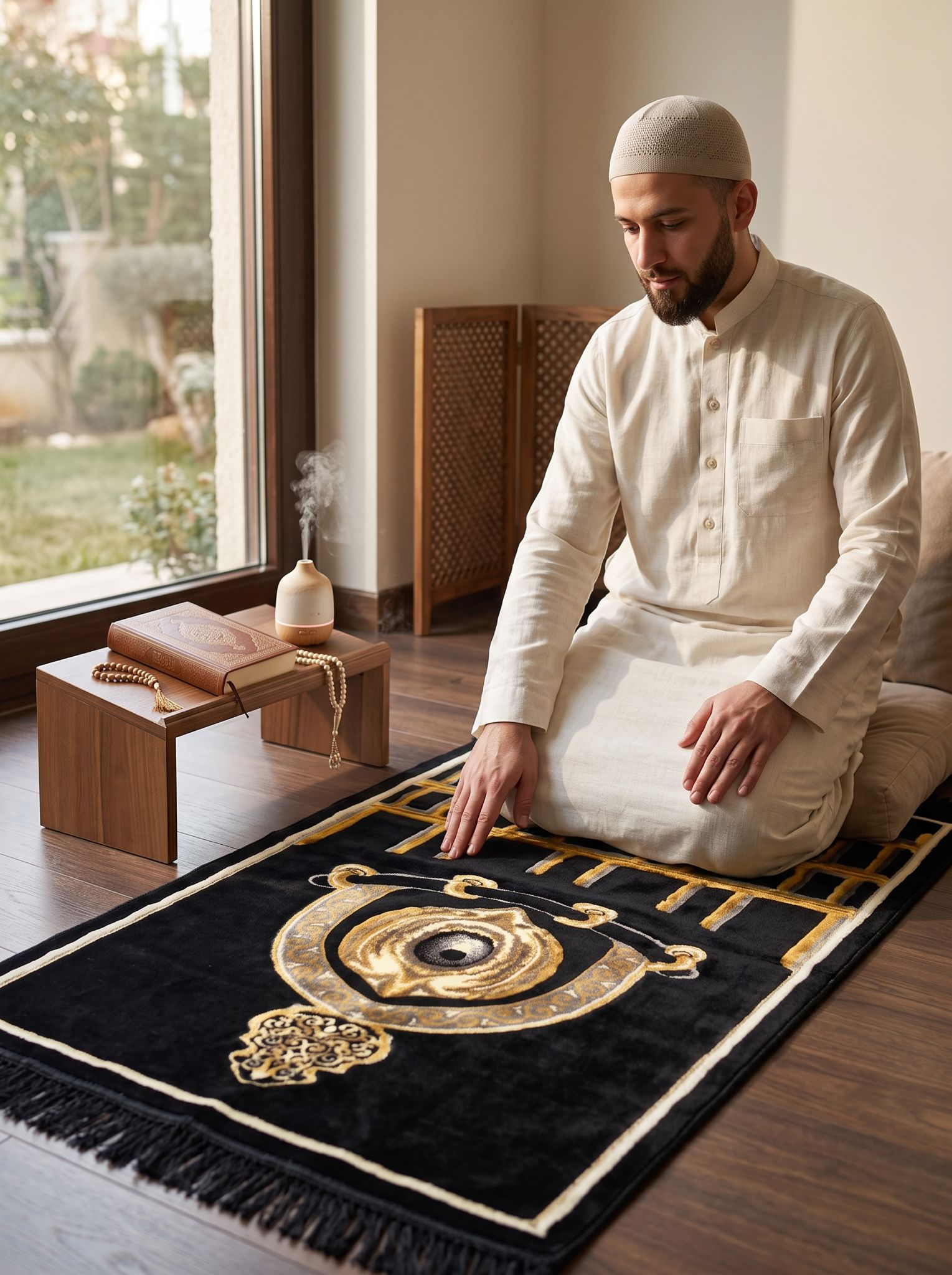 Kabe Serisi Lüks Kadife Hacerül Esved Motifli Seccade 70x110cm